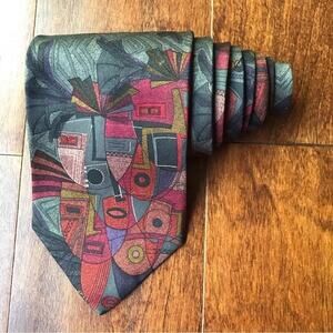 Vintage Structure Tie, Unique Dark Color Combo, Shows Abstract Masks, 100% Silk